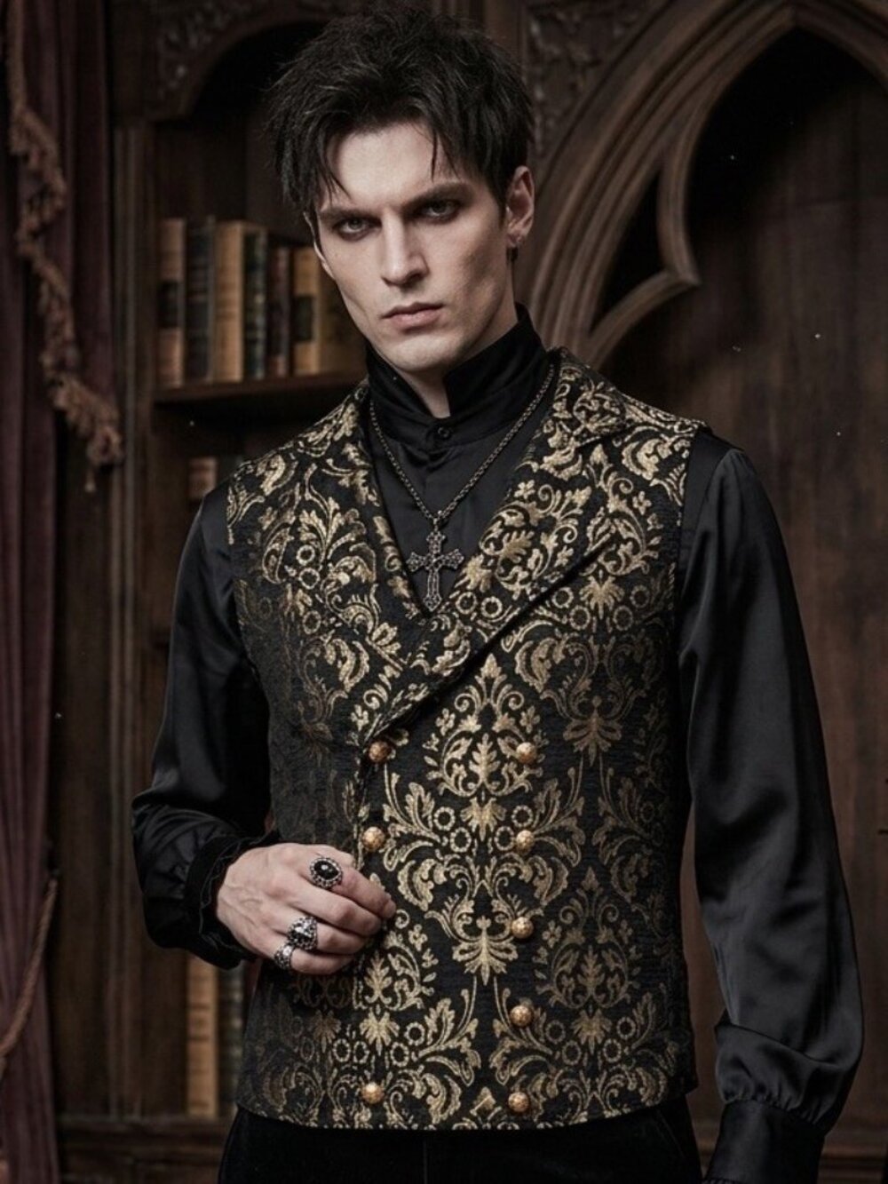 Vatpave Gothic Mens Sz S Gold Black Double-breasted Vest Waistcoat  Steampunk